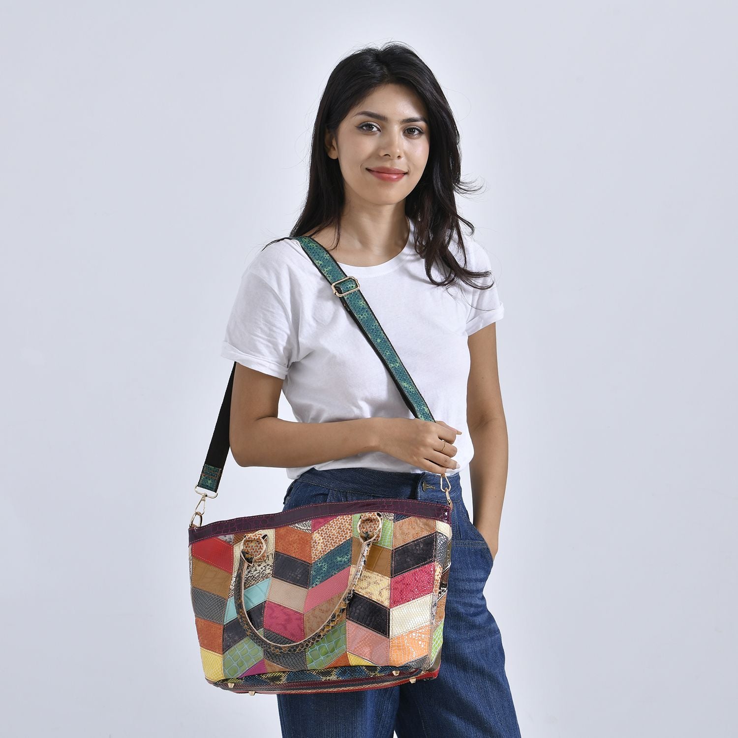 Chaos by Elsie - 100% Echtleder gewebter Tasche mit RFID schutz, 32 x 23 x 11 cm, Patchwork