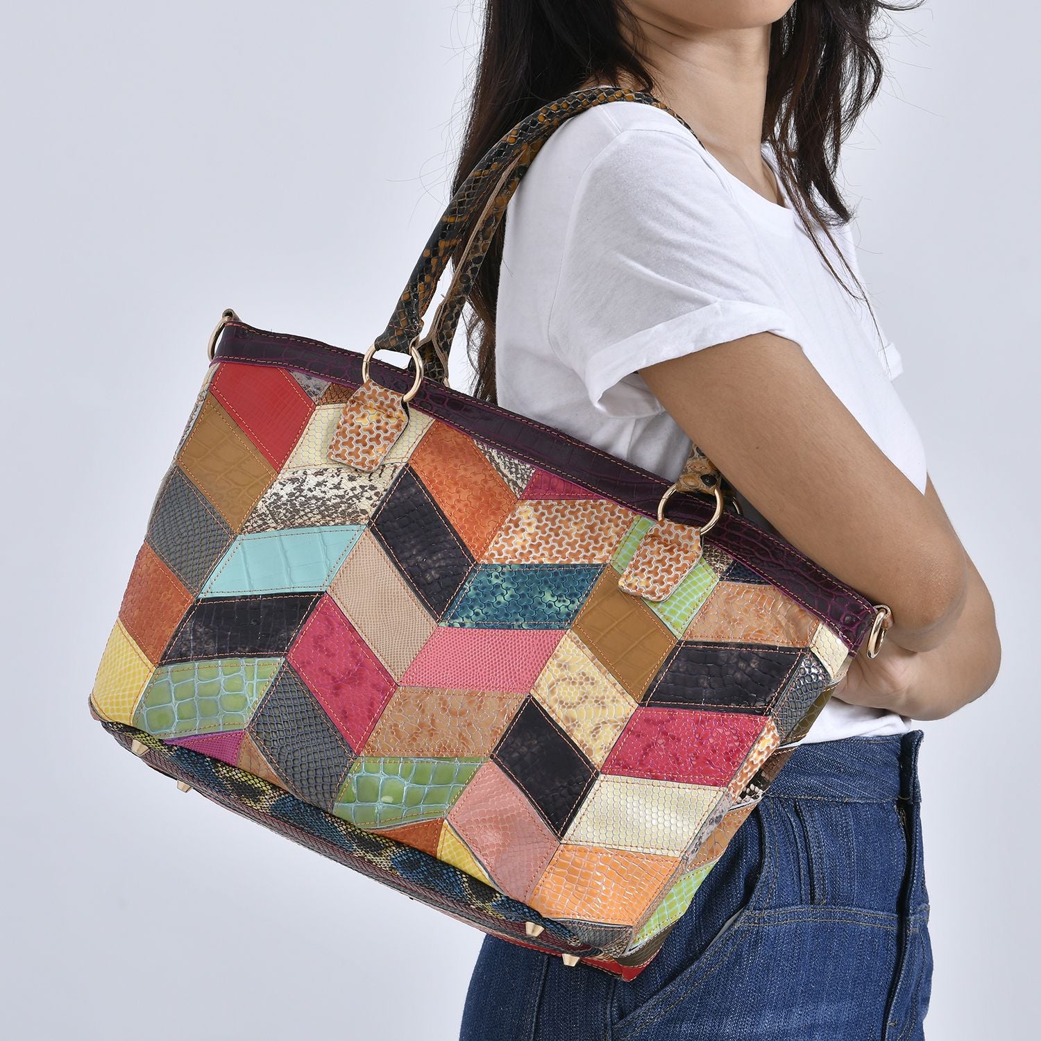 Chaos by Elsie - 100% Echtleder gewebter Tasche mit RFID schutz, 32 x 23 x 11 cm, Patchwork