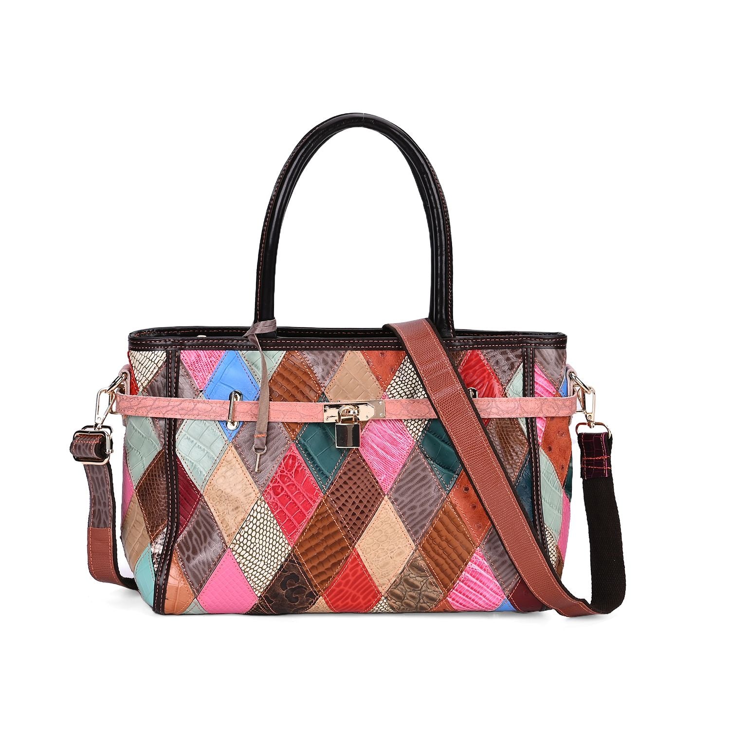 Chaos by Elsie - Echte Leder Umhängetasche mit RFID, Patchwork-Rhombenmuster und Krokodilprägung, 34 x 14 x 25 cm, Mattes Patchwork