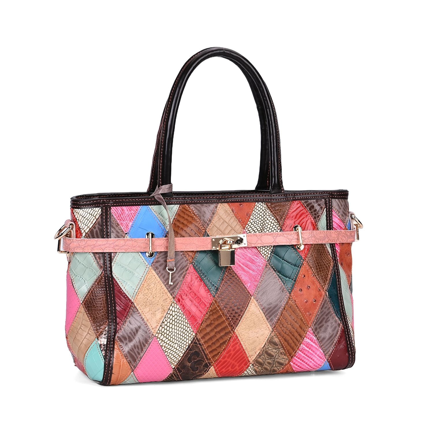 Chaos by Elsie - Echte Leder Umhängetasche mit RFID, Patchwork-Rhombenmuster und Krokodilprägung, 34 x 14 x 25 cm, Mattes Patchwork