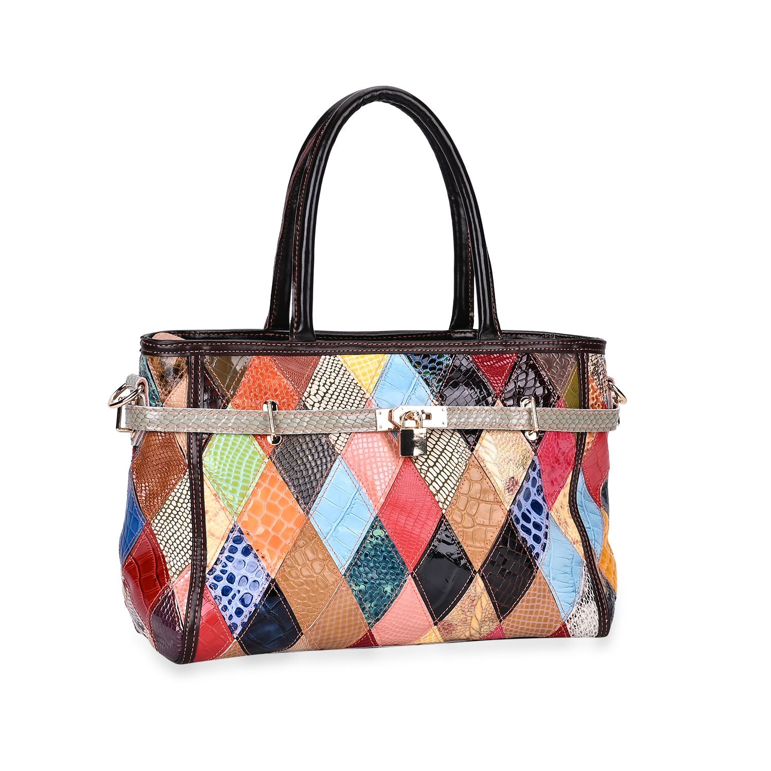 Chaos by Elsie - Echtleder Umhängetasche mit RFID-Schutz, Glänzendes Krokodil-Prägemuster, 34 x 14 x 25 cm, patchwork