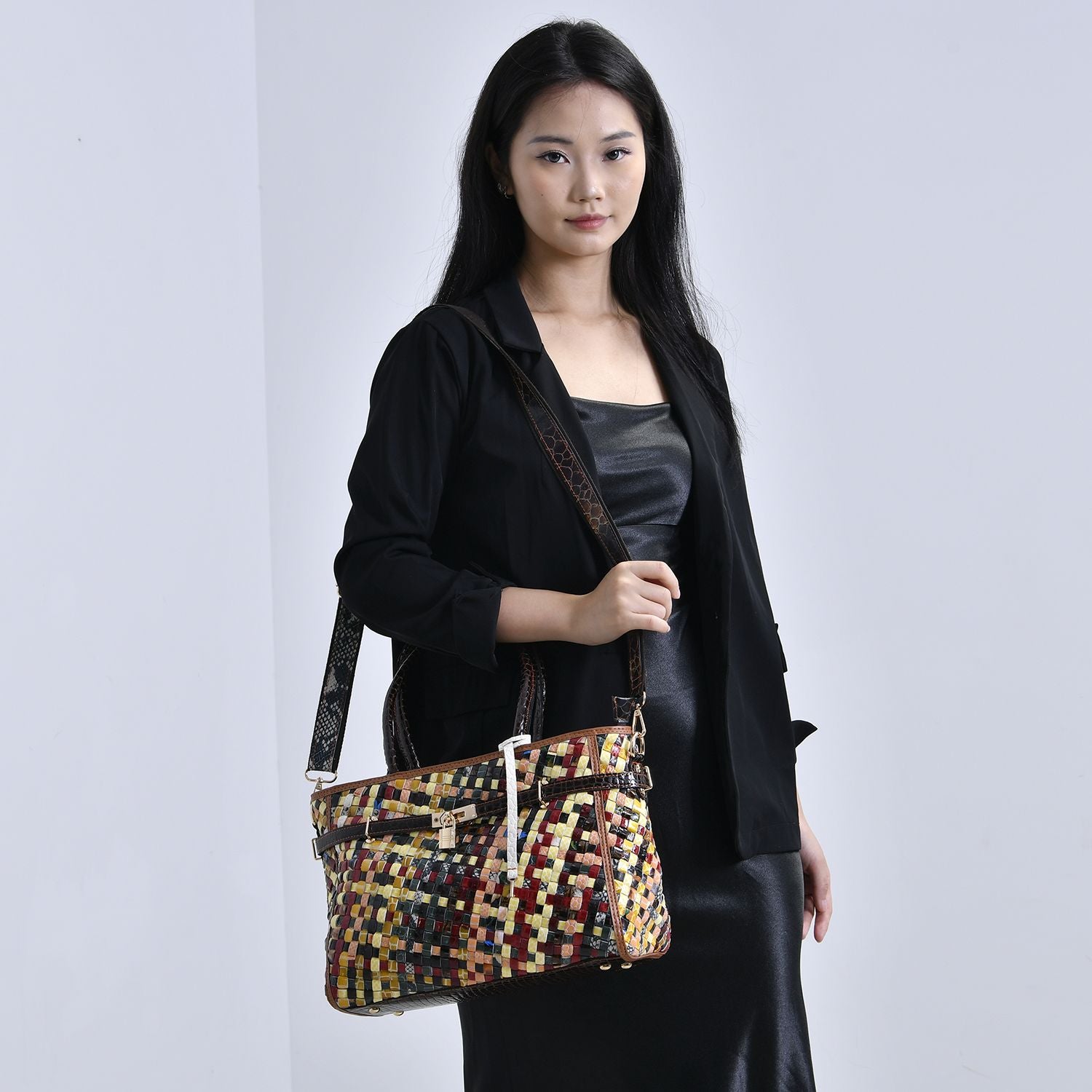 Chaos by Elsie - RFID Leder Tote Tasche mit Glänzendem Mehrfarbigen Webmuster, 34x14x25cm