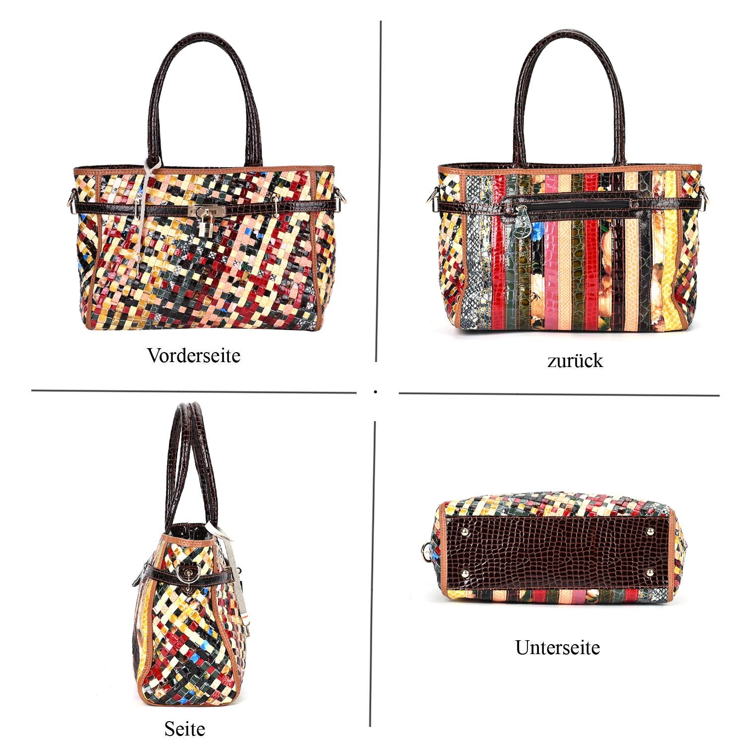 Chaos by Elsie - RFID Leder Tote Tasche mit Glänzendem Mehrfarbigen Webmuster, 34x14x25cm