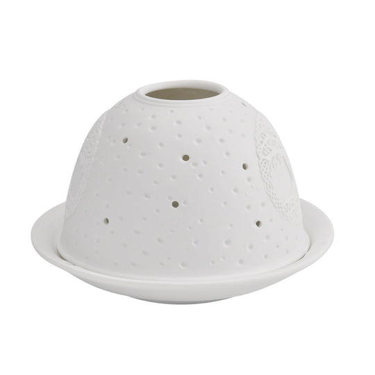 Tealight Candle Holder with LED light   Pattern:Bethlehem Made in an unglazed white porcelain  Size:Dia10.5xH7.5CM LED Battery: 2*CR2032                    Weight:161g Color:white
