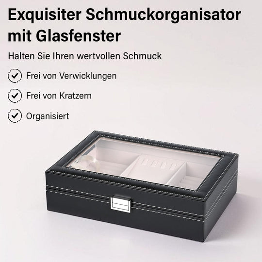 Schmuckorganizer aus PU mit Glasdeckel - ideal für Ringe, Ohrringe, Broschen und Halsketten, 30 x 20 x 8,5 cm, Beige