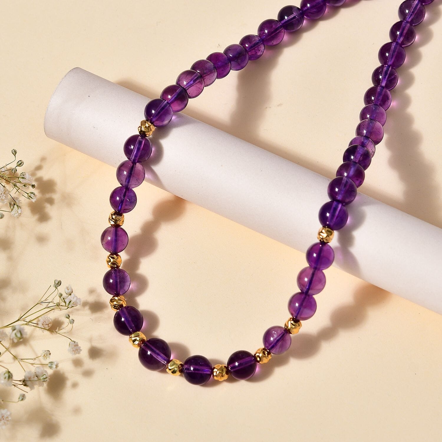 Afrikanischer Amethyst Halskette ca. 45 cm + 5 cm Extender, 925 Silber 750 Gelbgold Vermeil ca. 175,00 ct.