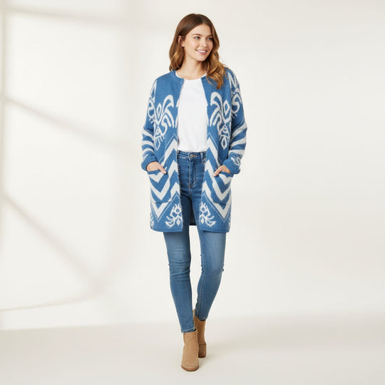 Damen Winter-Cardigan mit Taschen, Strick, Langarm, Offene Vorderseite, Einheitsgröße, blau