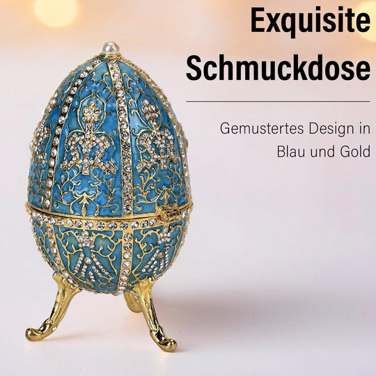 Exquisite Schmuckbox in Blau und Gold - Osterei-Form mit funkelnden Strasssteinen, 6 x 11 cm, blau