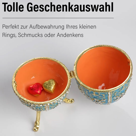 Exquisite Schmuckbox in Blau und Gold - Osterei-Form mit funkelnden Strasssteinen, 6 x 11 cm, blau