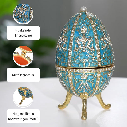 Exquisite Schmuckbox in Blau und Gold - Osterei-Form mit funkelnden Strasssteinen, 6 x 11 cm, blau