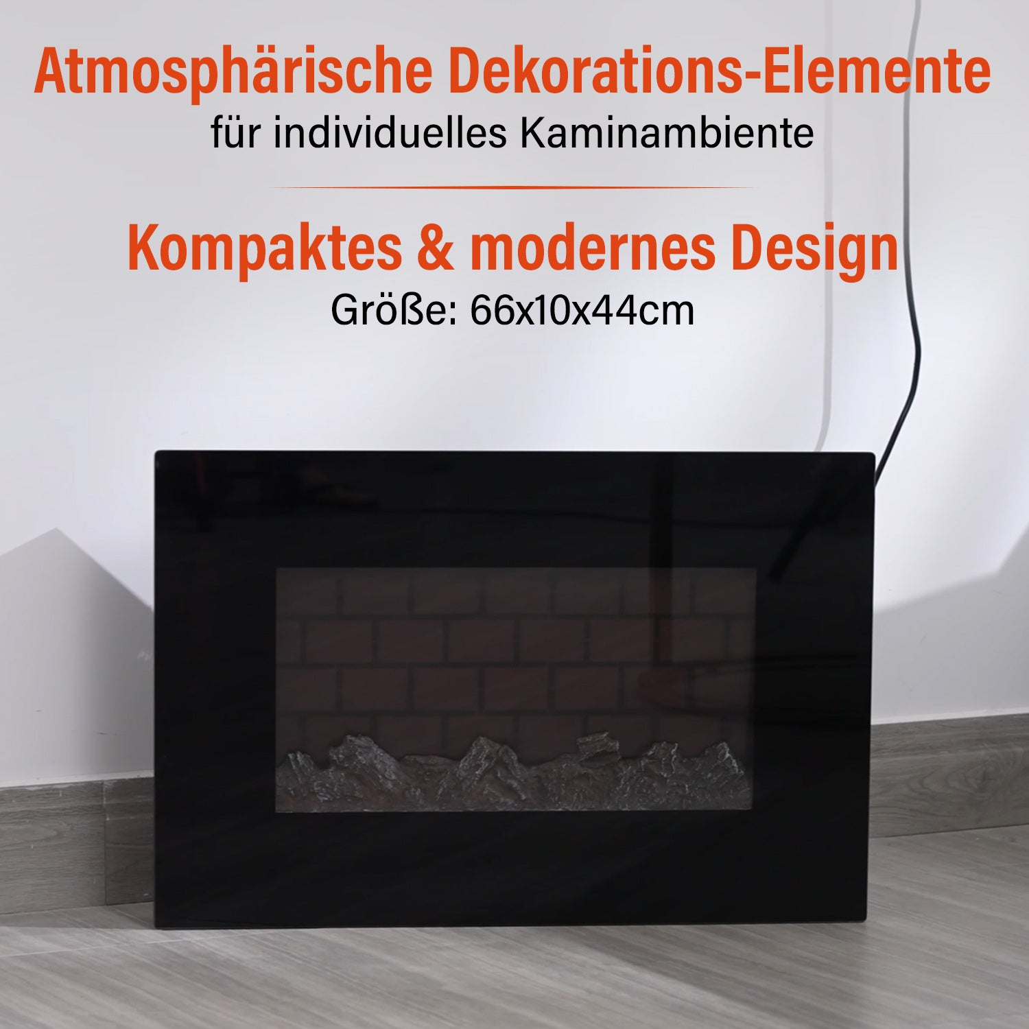 Elektrischer Wandkamin-Heizlüfter, Schwarz - Fernbedienung, 3D-Flammeneffekt, 5 LED-Farben, einstellbare Temperatur, Timer Überhitzungsschutz, langlebiges Metallgehäuse, 66 x 10 x 44 cm
