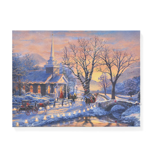Winterliches Schloss im Lichterglanz - Leinwandbild mit LED-Beleuchtung, Größe: 30x40x1,8 cm, betrieben mit 1 AA-Batterie