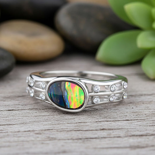 Abalone Muschel, Weißer Kristall Ring (Größe 17.75)