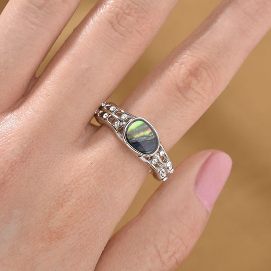 Abalone Muschel, Weißer Kristall Ring (Größe 17.75)