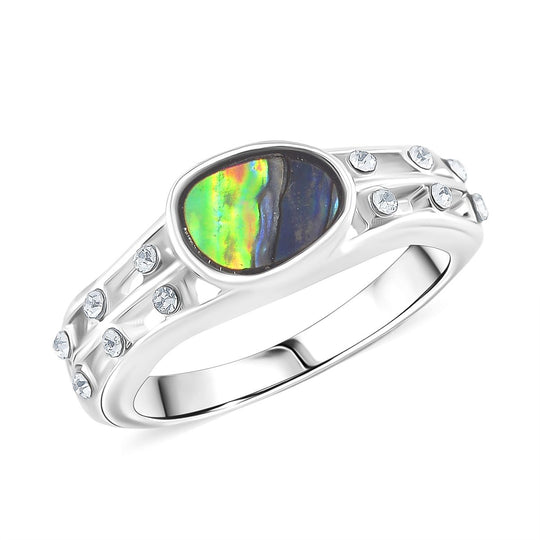 Abalone Muschel, Weißer Kristall Ring (Größe 17.75)
