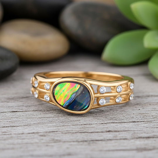 Abalone Muschel, Weißer Kristall Ring, goldfarben (Größe 17.75)