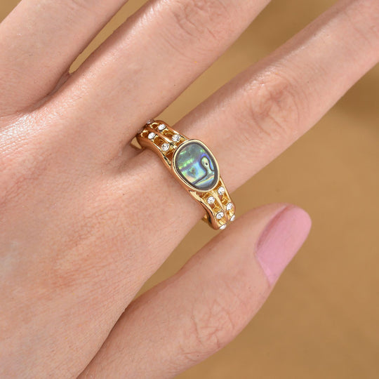 Abalone Muschel, Weißer Kristall Ring, goldfarben (Größe 17.75)