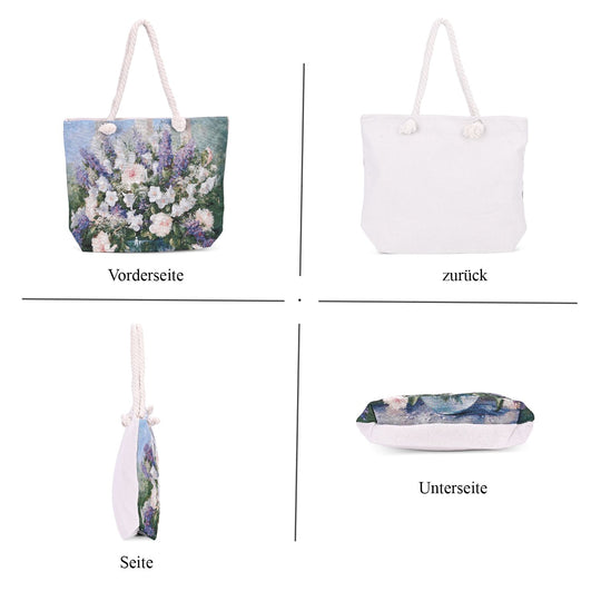 Jacquardgewebte Tasche aus Jute mit Reißverschluss und verstellbarer Kordel Riemen, 42x37x34cm, Blumenstrauß