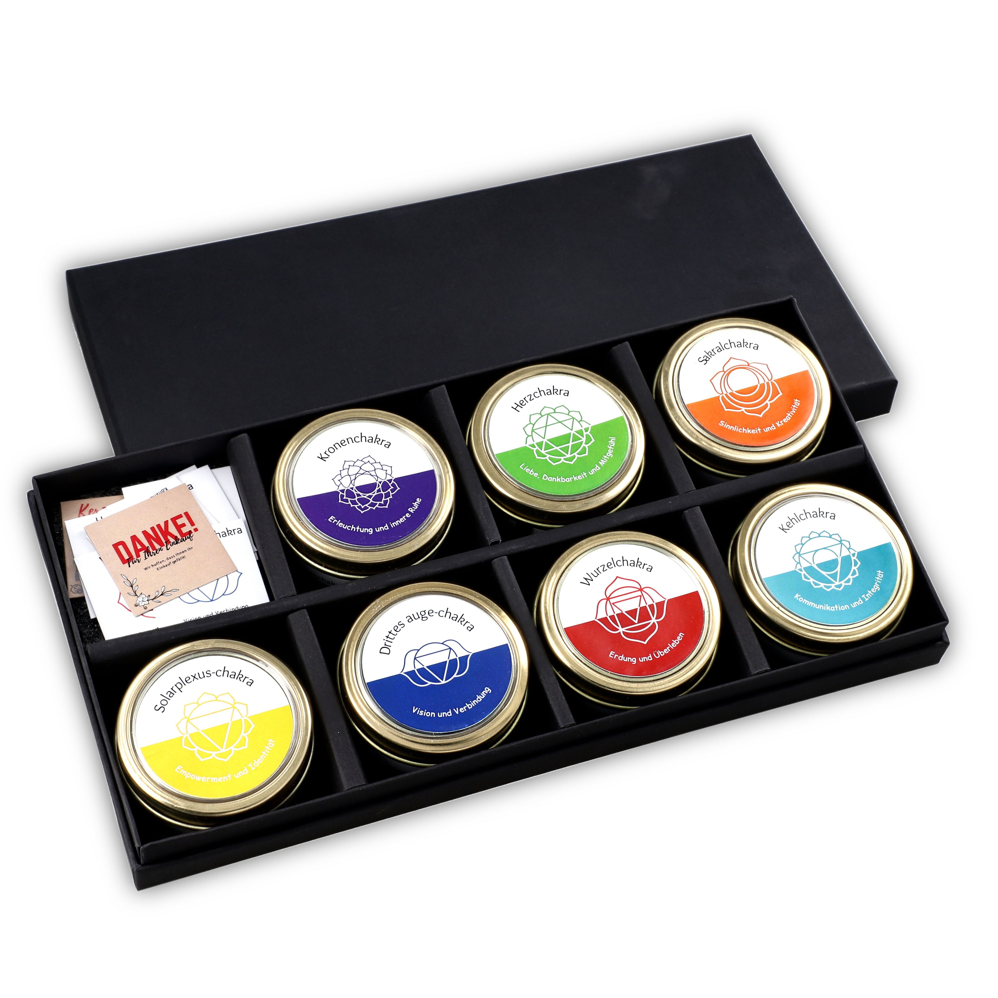 7er Set Chakra Duftkerzen - Mit Edelsteinen, Aromatherapie, Vanille, Jasmin, Rose und Zitronengras, 45 g, 10 Std. Brenndauer