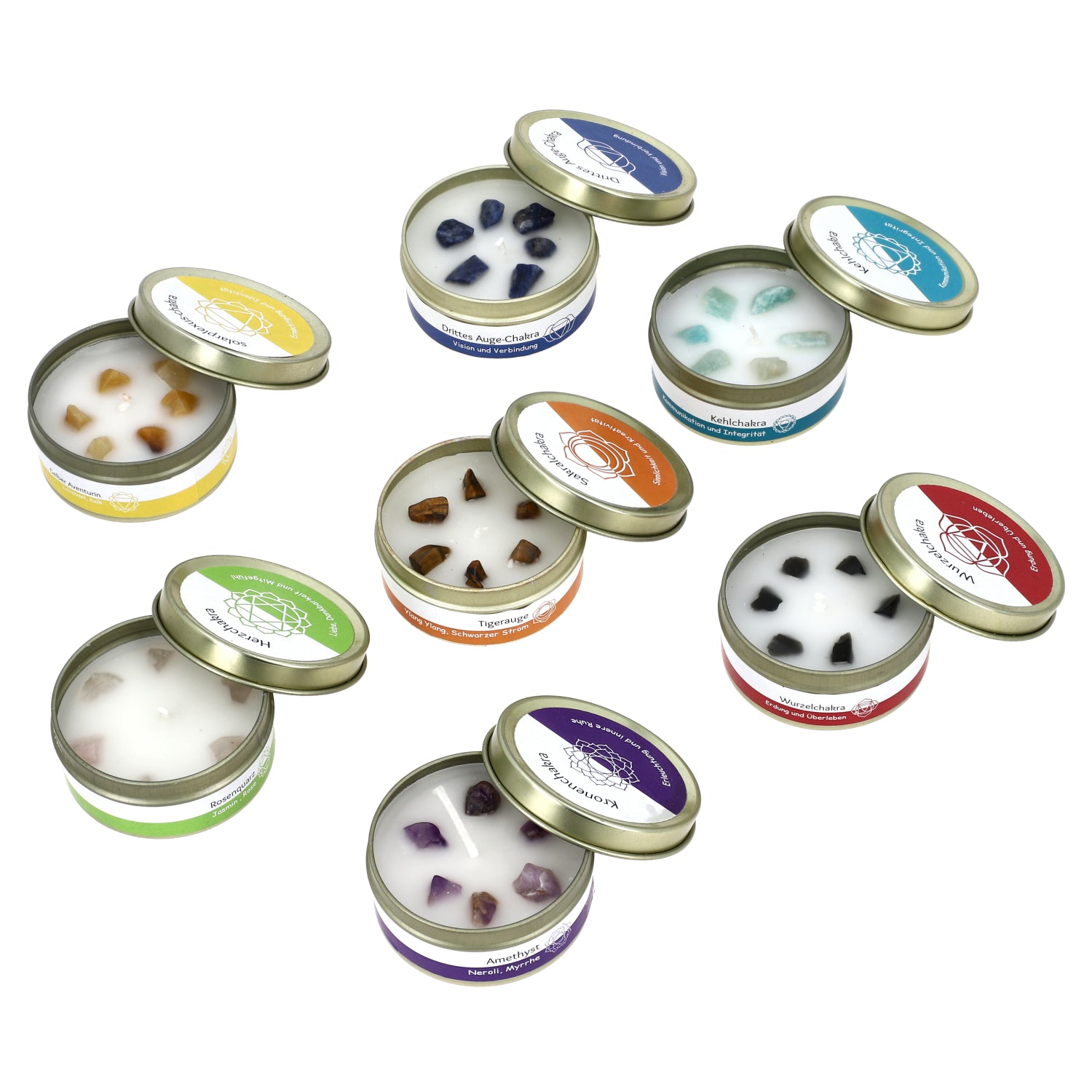 7er Set Chakra Duftkerzen - Mit Edelsteinen, Aromatherapie, Vanille, Jasmin, Rose und Zitronengras, 45 g, 10 Std. Brenndauer