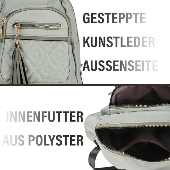 Moderner Rucksack in Steppoptik - Leicht, mit 3 Reißverschlusstaschen und gepolsterten Schulterriemen,  18 x 9 x 24 cm, Khaki