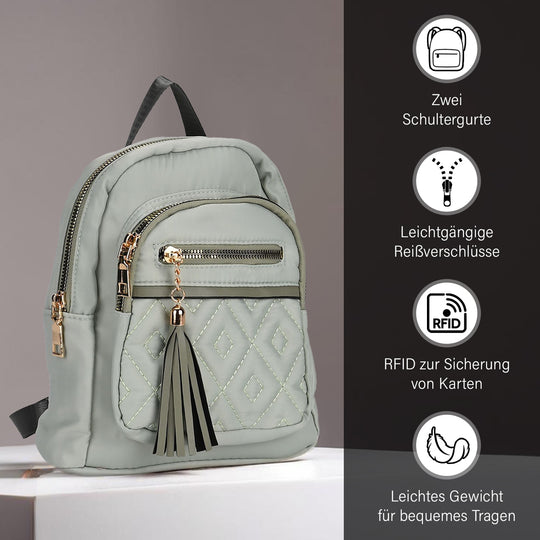 Moderner Rucksack in Steppoptik - Leicht, mit 3 Reißverschlusstaschen und gepolsterten Schulterriemen,  18 x 9 x 24 cm, Khaki