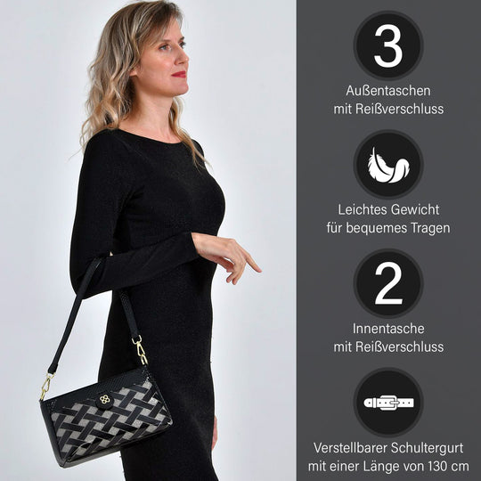 Stylische Sling-Umhängetasche mit schwarzem Karo-Design, vielseitigem Gurt und praktischen Fächern, 26x10x15 cm, Schwarz
