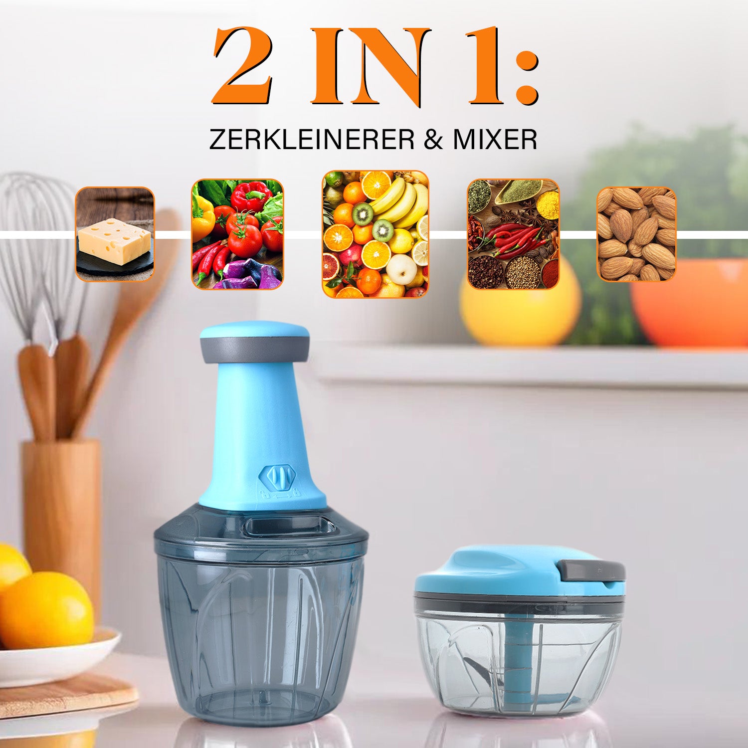 2-in-1 Mulit-Zerkleinerer und Mixer, 1200ml Kapazität, Blau