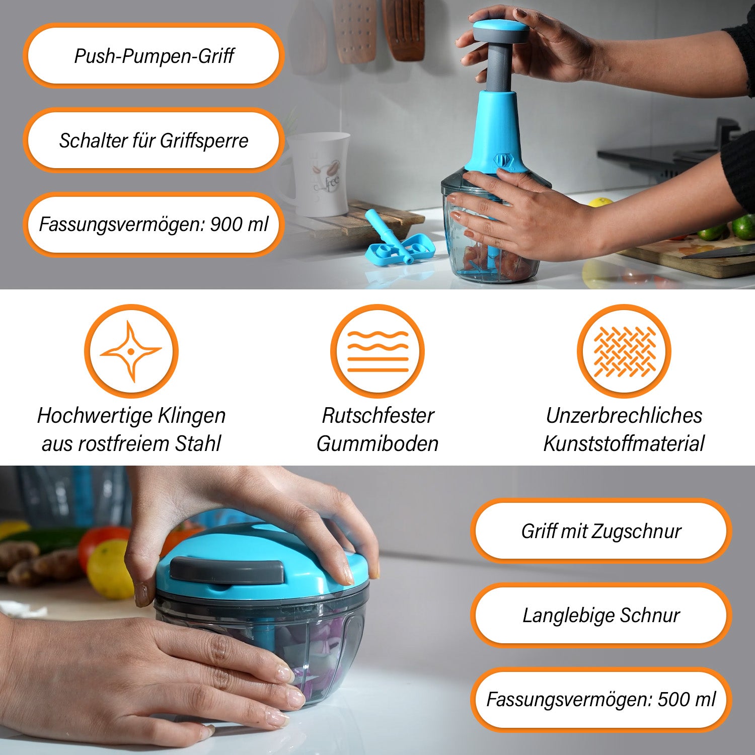 2-in-1 Mulit-Zerkleinerer und Mixer, 1200ml Kapazität, Blau