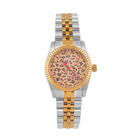 William Hunt Moissanit-Uhr - Bicolor Edelstahlarmband mit Ronda 763 Swiss Movement und gelbem Leoparden-Zifferblatt