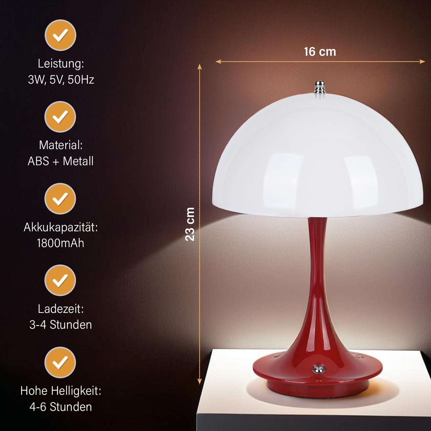 Designerlampe: Kabellos dimmbare Pilz-Tischlampe mit 3 Lichteinstellungen, weiß
