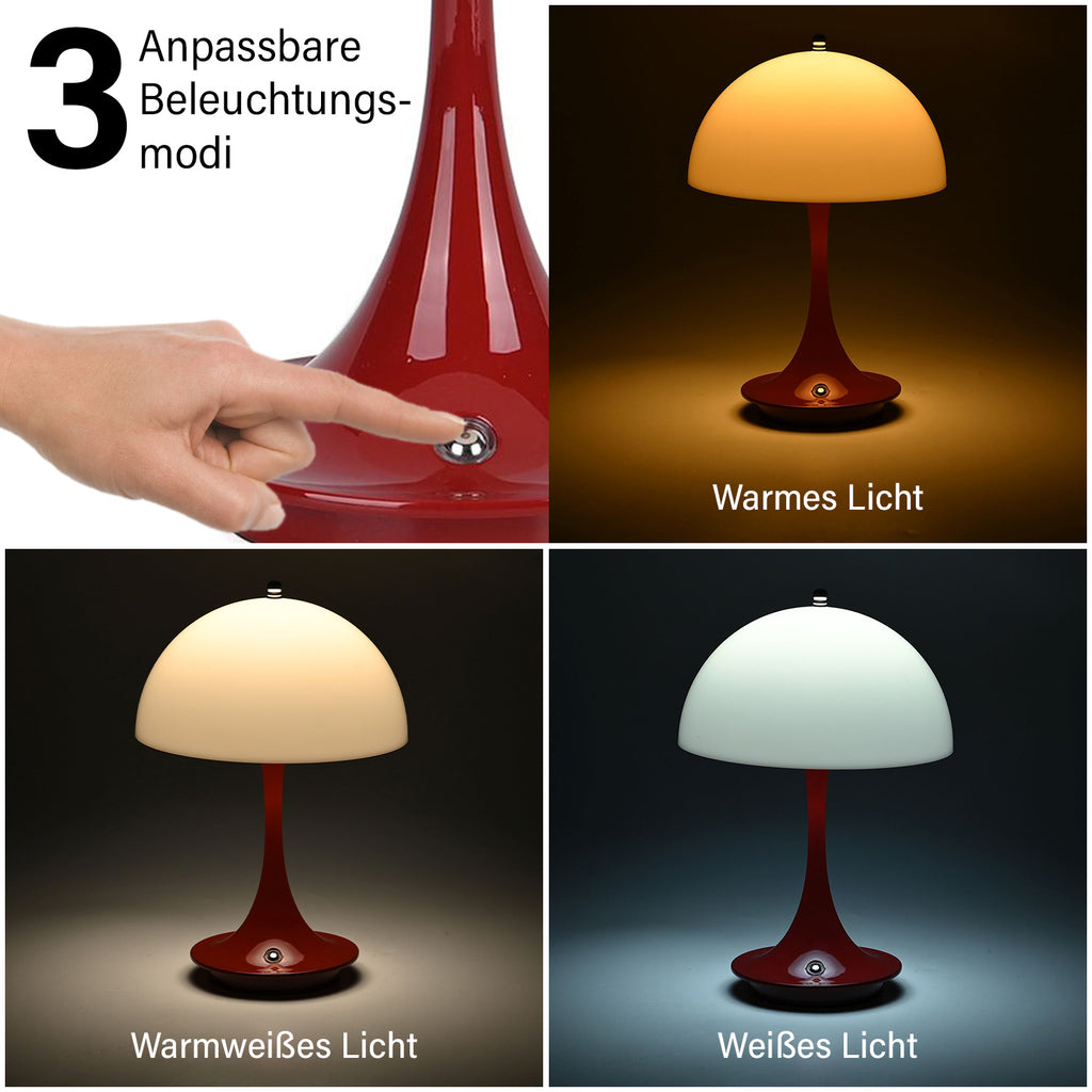 Designerlampe: Kabellos dimmbare Pilz-Tischlampe mit 3 Lichteinstellungen, weiß