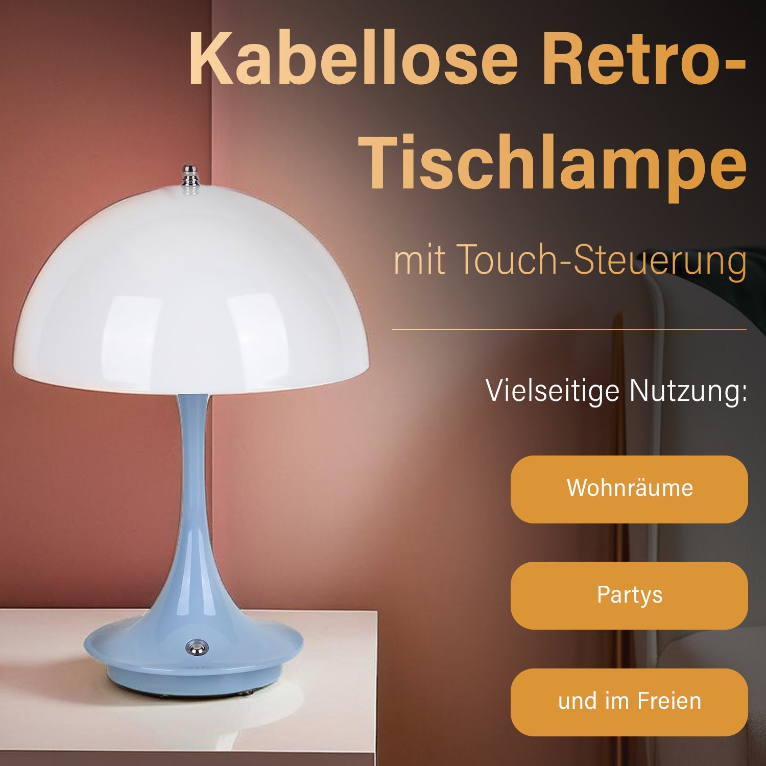 Designerlampe: Kabellos dimmbare Pilz-Tischlampe mit 3 Lichteinstellungen, weiß