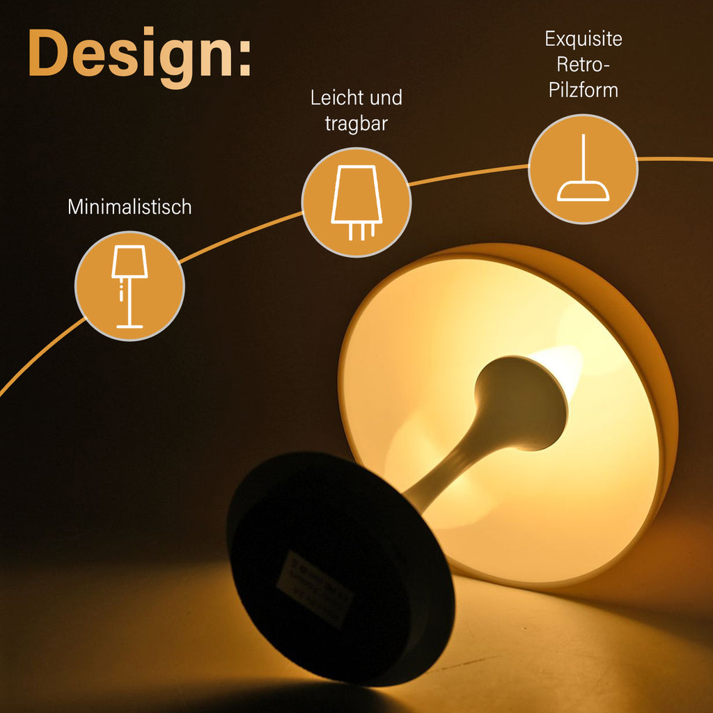 Designerlampe: Kabellos dimmbare Pilz-Tischlampe mit 3 Lichteinstellungen, weiß