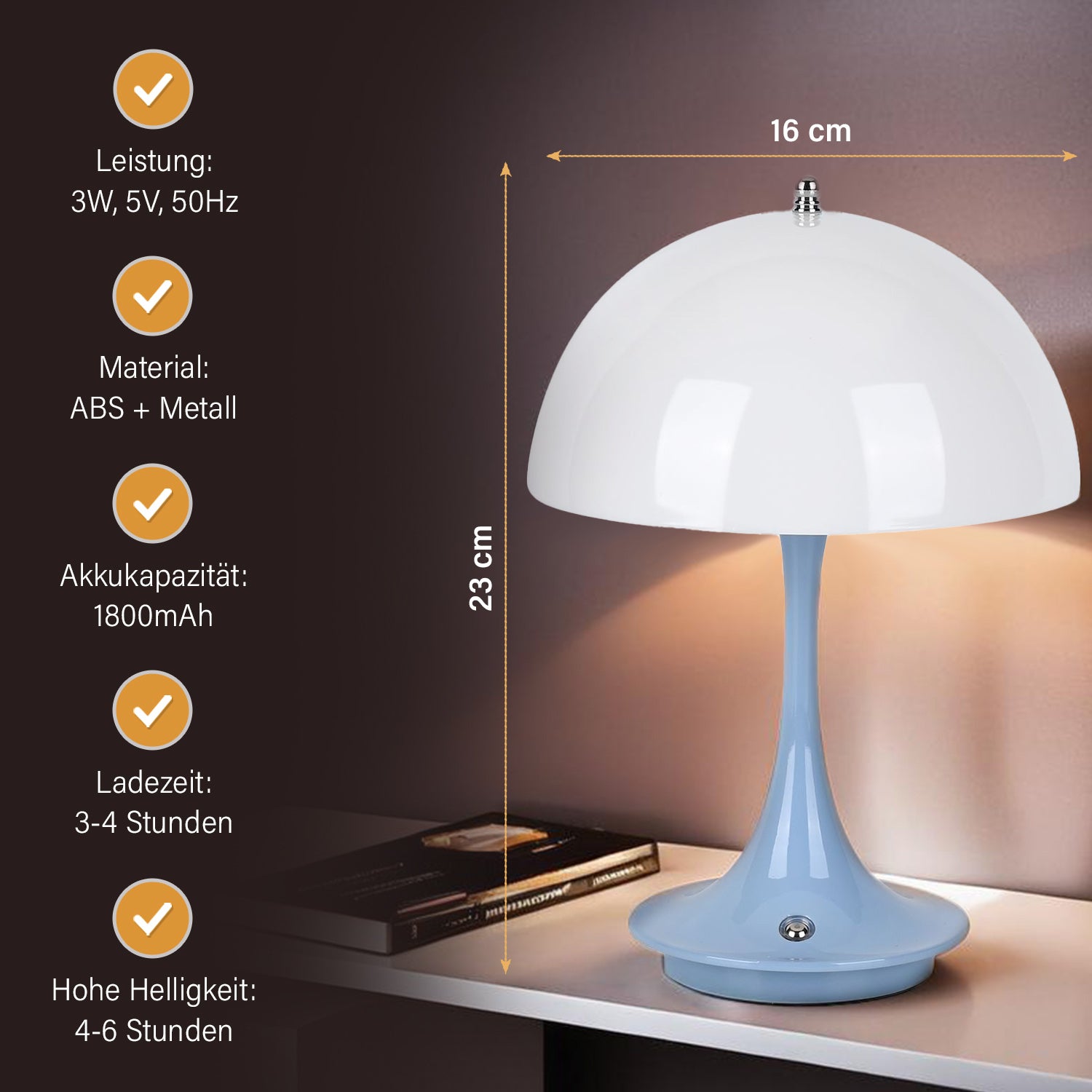 Designerlampe: Kabellos dimmbare Pilz-Tischlampe mit 3 Lichteinstellungen, weiß