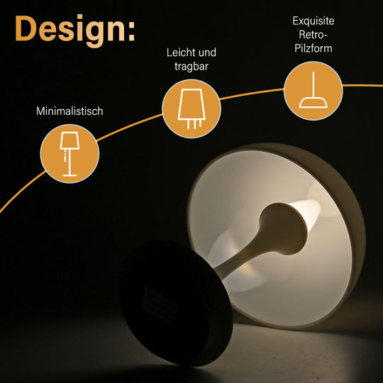Designerlampe: Kabellos dimmbare Pilz-Tischlampe mit 3 Lichteinstellungen, weiß