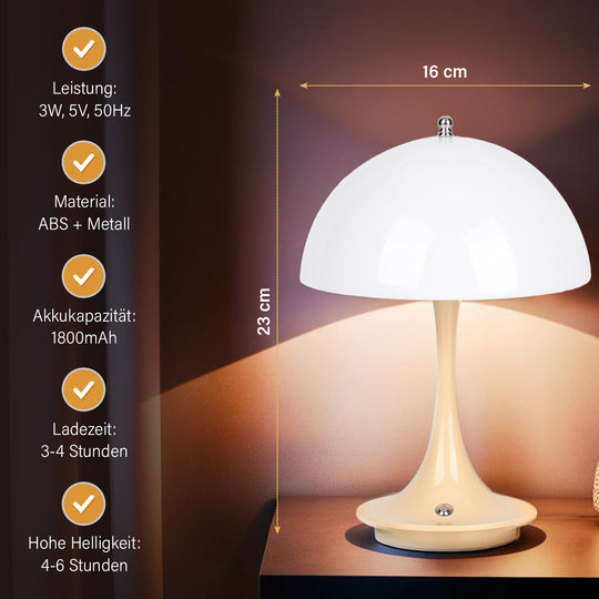 Designerlampe: Kabellos dimmbare Pilz-Tischlampe mit 3 Lichteinstellungen, weiß