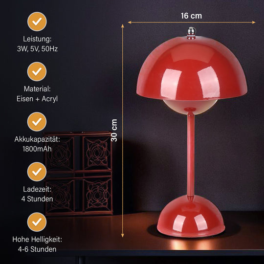 Kabellose Tischlampe - Minimalistisches Pilzdesign, Touch-Steuerung, tragbar mit 1800mAh-Akku für 4-6 Stunden, inkl. Typ-C-Kabel,  16 x 30 cm, weinrot