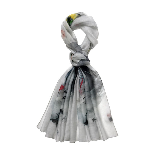 LA MAREY printed scarfMaterial:70% merino wool 30% mulberry silksize::70cm*190cmWeight : 57gyellow based with multi   floral