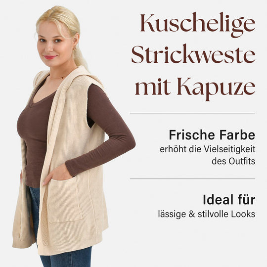Komfort-Strickweste mit Kapuze und 2 Taschen, länge 70 cm, Grün