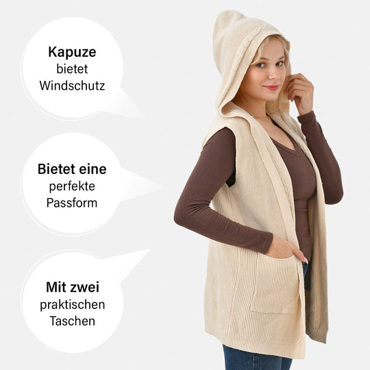 Komfort-Strickweste mit Kapuze und 2 Taschen, länge 70 cm, Grün