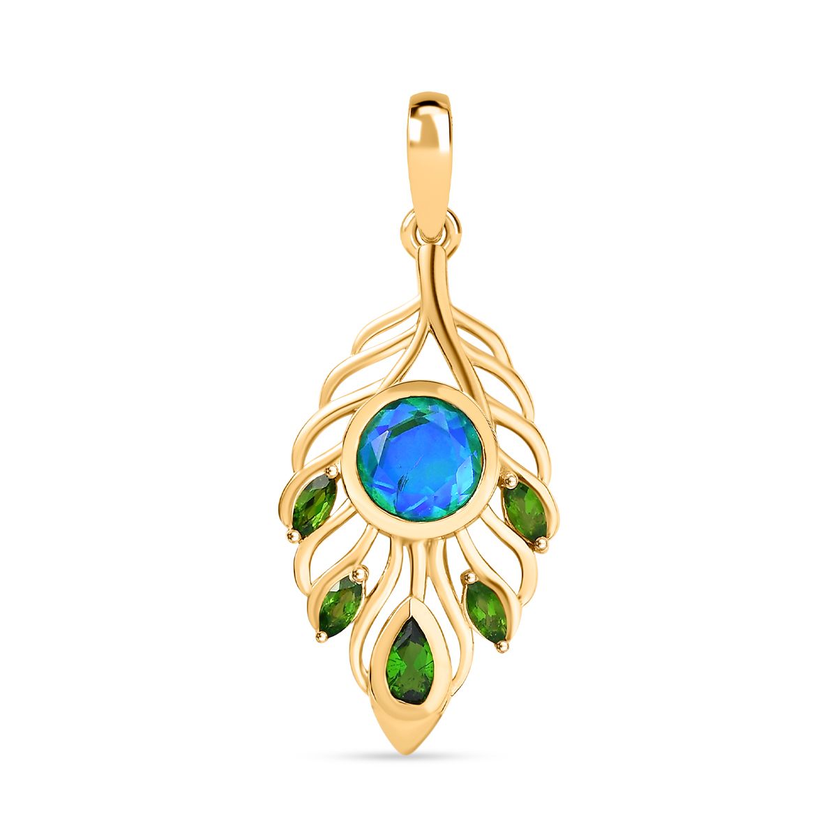 Pfau Quarz Triplette, Natürlicher Chromdiopsid Anhänger 925 Silber 750 Gelbgold Vermeil ca. 2.02 ct