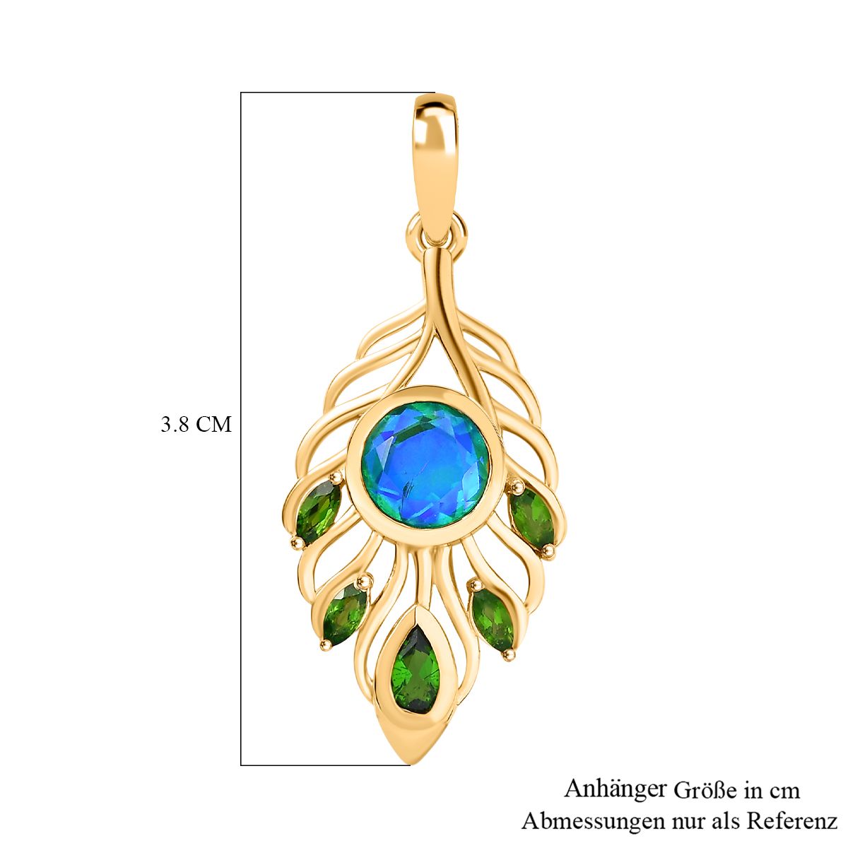 Pfau Quarz Triplette, Natürlicher Chromdiopsid Anhänger 925 Silber 750 Gelbgold Vermeil ca. 2.02 ct