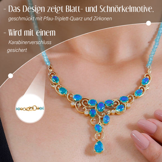 Pfau Quarz Triplette Halskette ca. 45 cm 925 Silber 750 Gelbgold Vermeil ca. 57,03 ct.