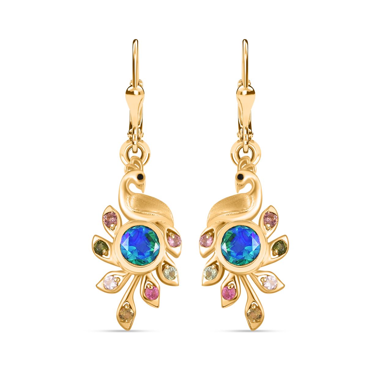 Pfau Quarz Triplette, Mehrfarbig-Turmalin Ohrringe 925 Silber 750 Gelbgold Vermeil ca. 2.11 ct