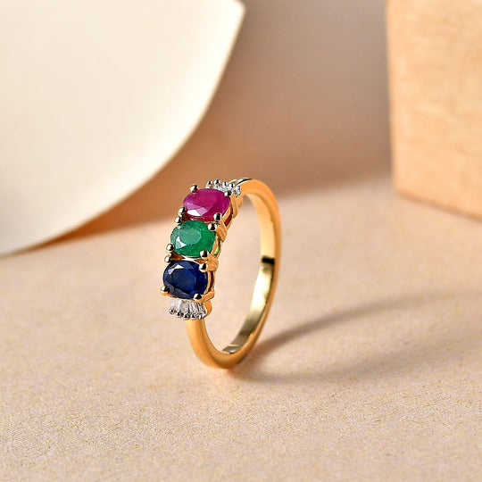 Kanchanaburi Blauer Saphir, Thailändischer Rubin Ring 925 Silber 750 Gelbgold Vermeil ca. 1,34 ct