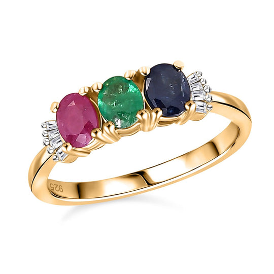 Kanchanaburi Blauer Saphir, Thailändischer Rubin Ring 925 Silber 750 Gelbgold Vermeil ca. 1,34 ct