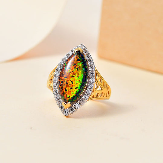 Lab Created schwarzen Opal, Weißer Zirkon Ring, 925 Silber 750 Gelbgold Vermeil ca. 3.11 ct