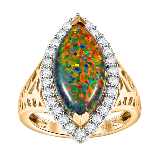 Lab Created schwarzen Opal, Weißer Zirkon Ring, 925 Silber 750 Gelbgold Vermeil ca. 3.11 ct