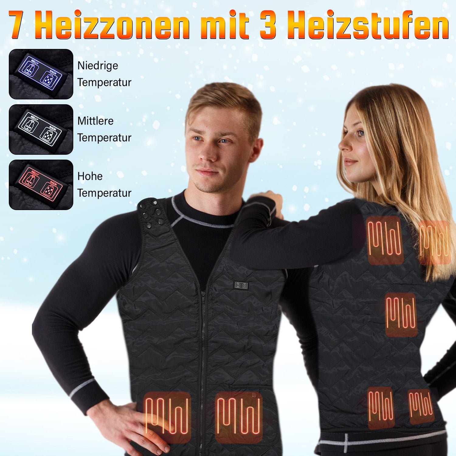 Größenverstellbare Heizweste, 7 Zonen temperaturverstellbar, inkl. 5000 mAh Powerbank, schwarz